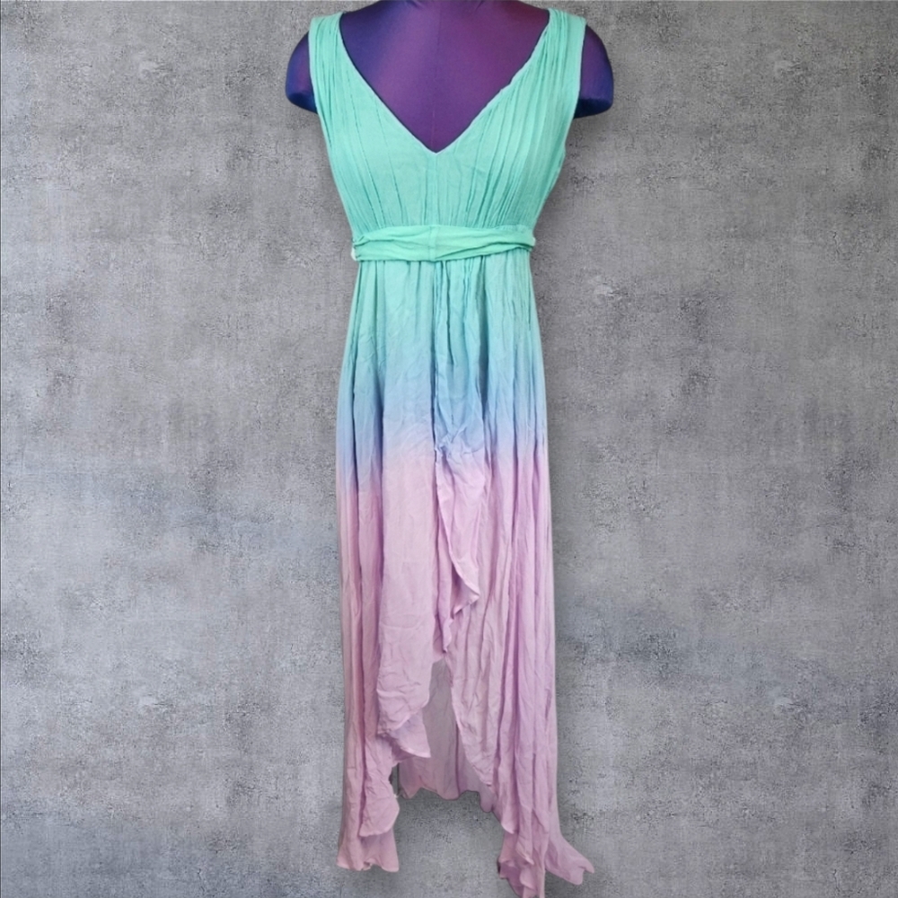 Ludi Pastel Aqua & Pink Ombre High Low Goddess Dress Size 4 Women's F37